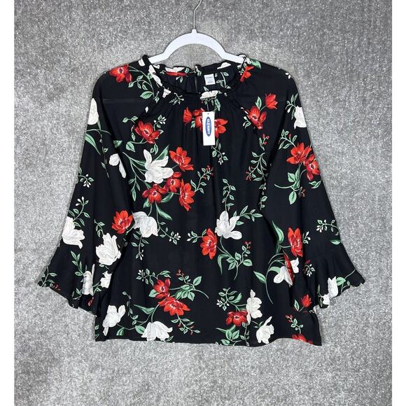Old Navy Top Womens Size Large Black Floral Swing Bell Sleeve‎ Semi Sheer Ruffle - Picture 1 of 8